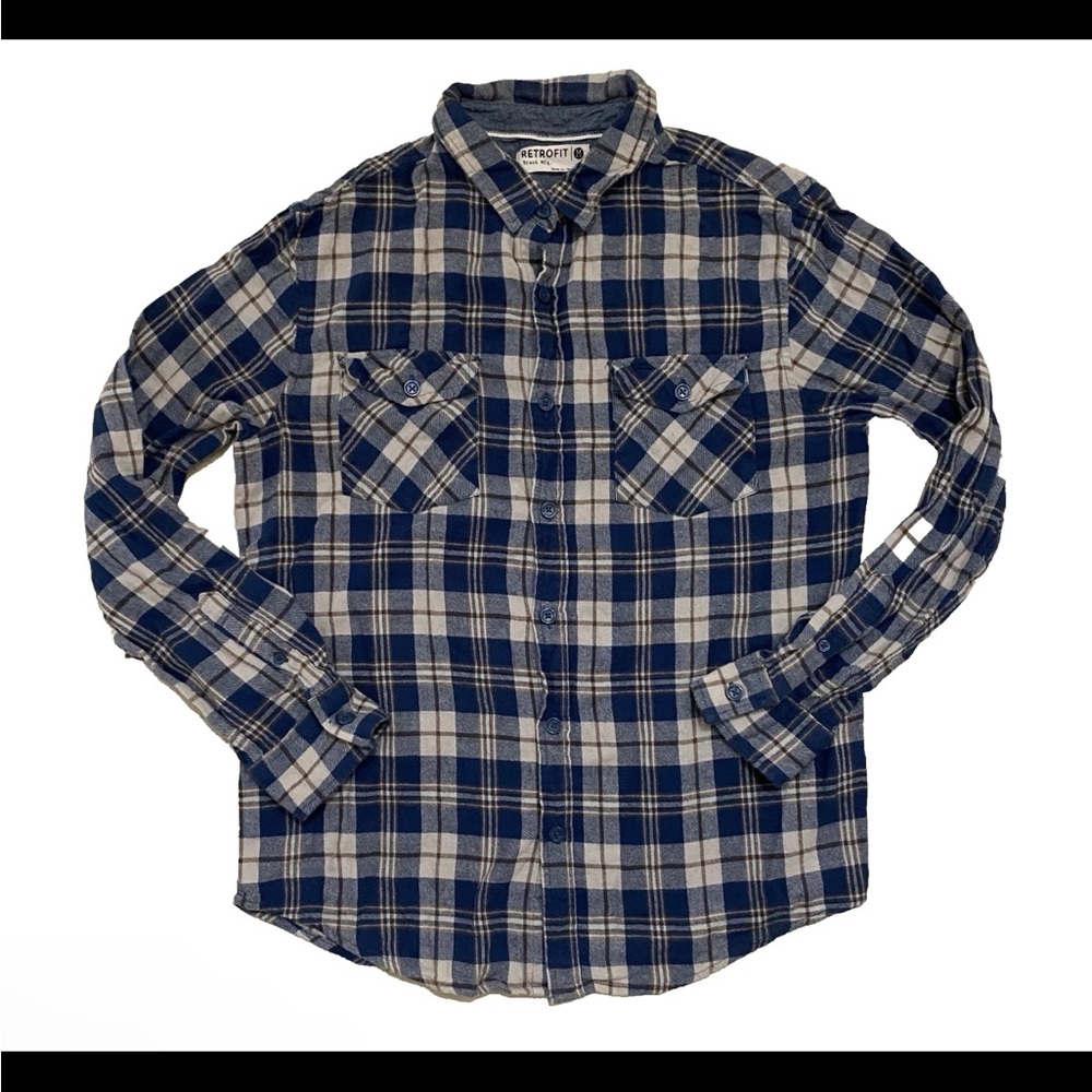 Retrofit Navy and Tan Plaid Casual Shirt‎